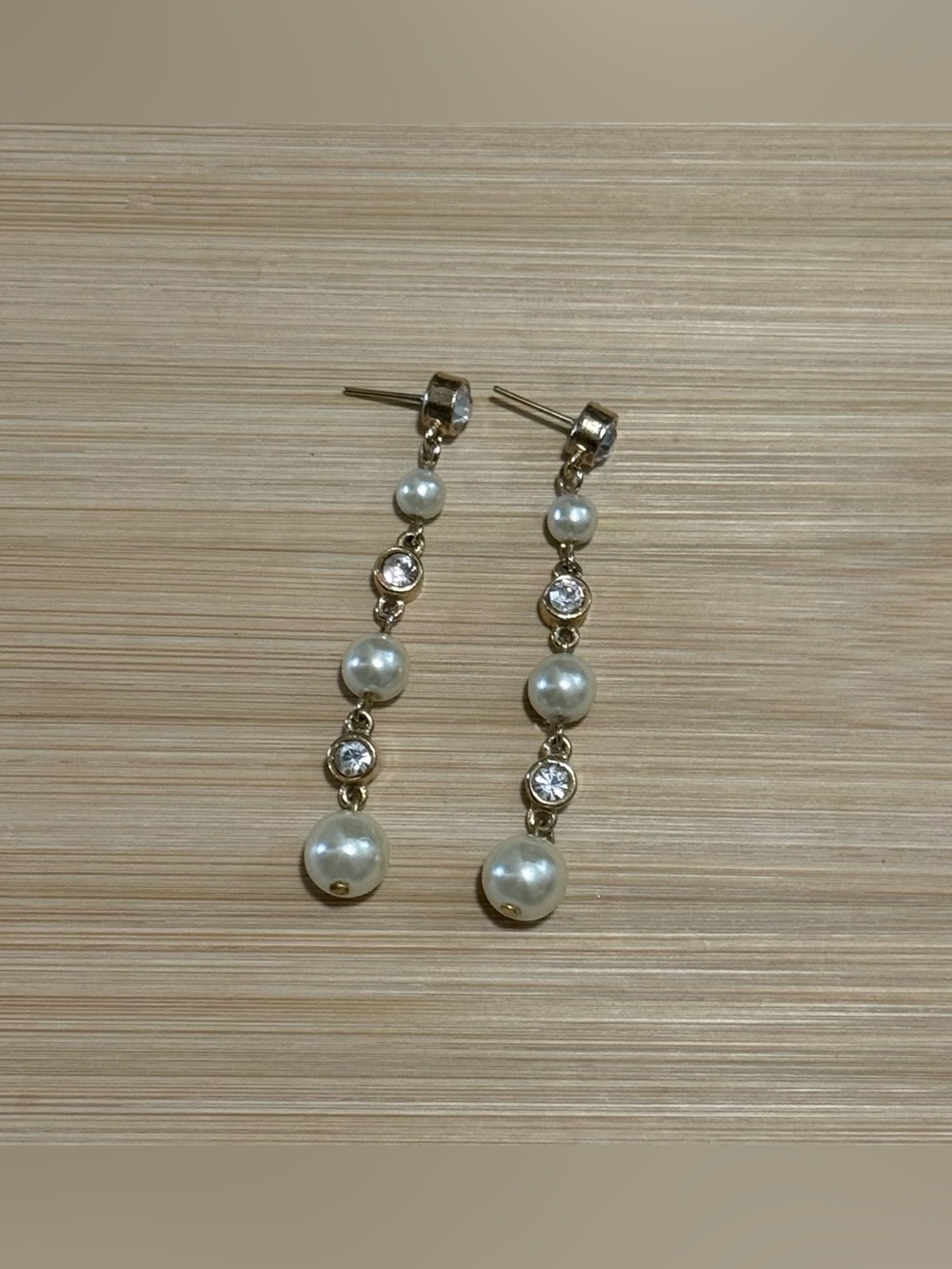 Gold Tone Pearl and Rhinestone Drop Earrings